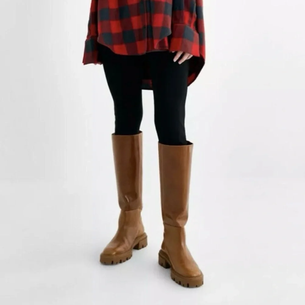 ZARA Flat Knee Brown Tall Leather Boots - Picture 9 of 16